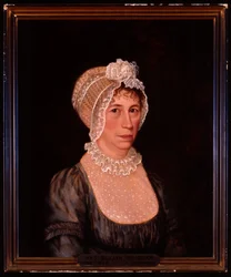 Halbporträt von Sarah Ward Brigham in einem tief ausgeschnittenen Kleid mit Spitzendetails und einer Spitzenhaube